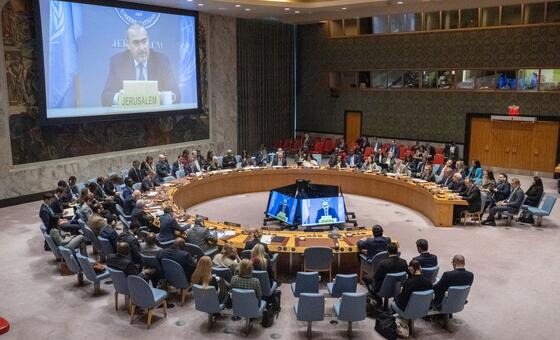 رامز الأكبروف (على الشاشة)، نائب المنسق الخاص لعملية السلام في الشرق الأوسط، يقدم تقريرا لأعضاء مجلس الأمن حول الوضع في الشرق الأوسط، بما في ذلك المسألة الفلسطينية.